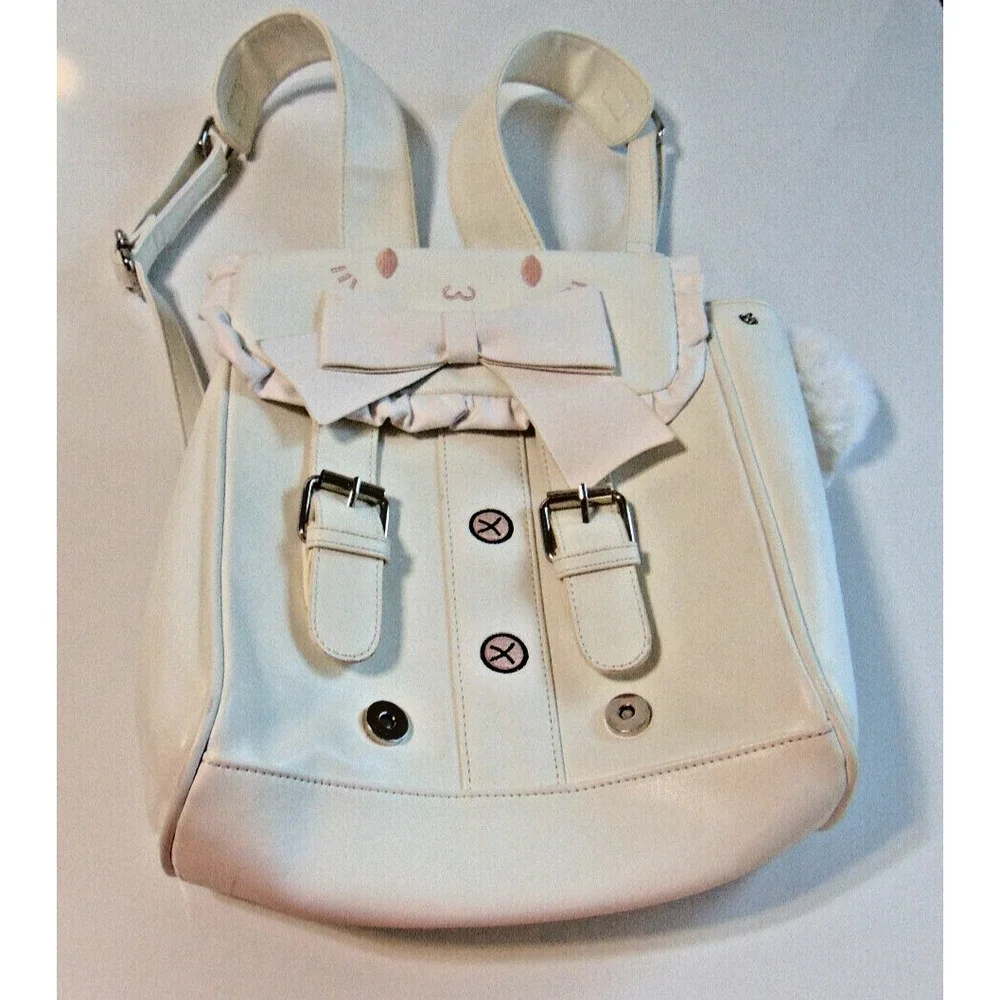 Women's Girl's Backpack Bag Purse White Medium Student Kitty Cat Straps Bow